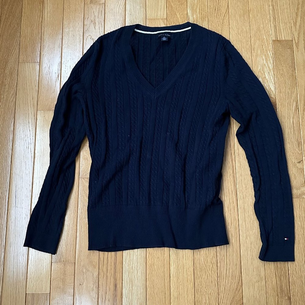 Tommy Hilfiger Navy Blue V-Neck Cable Knit Cotton Sweater Size M